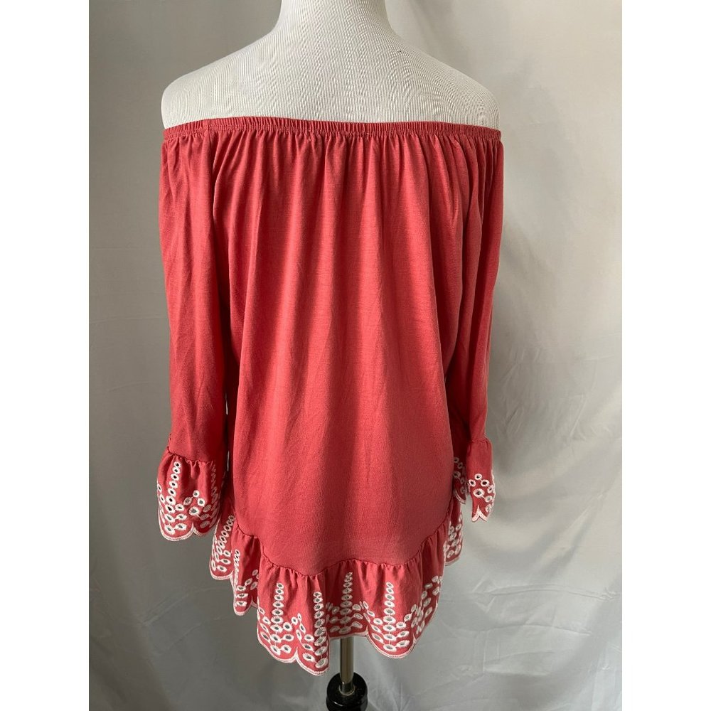 Fever Salmon Flare 3/4 Sleeve Eyelet Embroidered Wide neck Ruffle Bottom Blouse - Picture 5 of 10